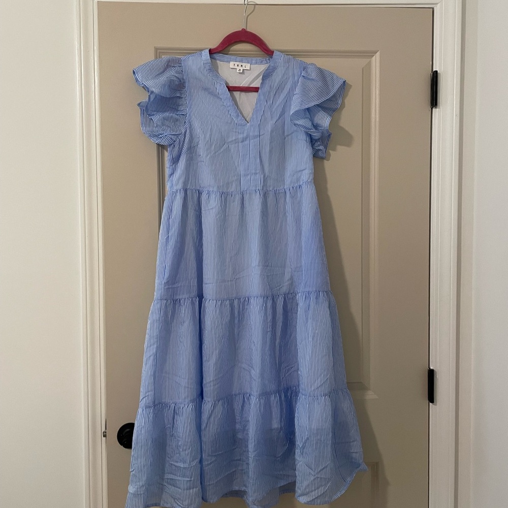 THML Blue Flutter Sleeve Tiered Sundress